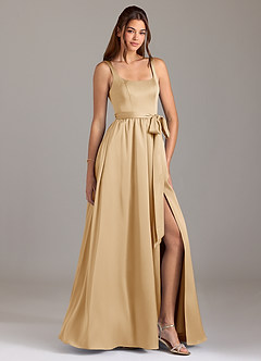 Azazie Elliott Robes de demoiselle d'honneur Robe Trapèze en Satin extensible avec poches Or image1