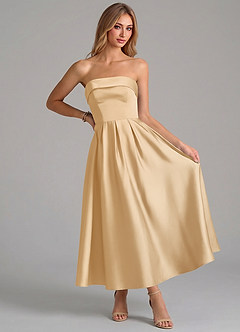 Azazie Lucienne Vestidos de madrinha de casamento Vestido Ouro de Cetim elástico de Linha A com Plissado image5