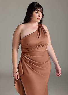 Azazie Latrice Bridesmaid Dresses Bronzer Sheath One Shoulder Cascading Ruffles Stretch Satin Dress image6