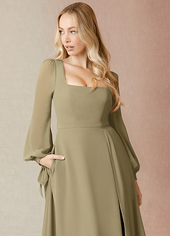 Azazie Leonia Bridesmaid Dresses Moss Green A-Line Long Sleeve Chiffon Dress image6