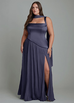 Azazie Stephanie Robes de demoiselle d'honneur Robe Trapèze en Satin extensible Plissé Bleu Orageux image14