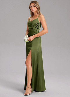 Azazie Azuree Bridesmaid Dresses Olive A-Line Pleated Stretch Satin Dress image10