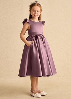 Azazie Dumpling Robe Demoiselle D'honneur Fillette Robe Trapèze en Mat Satiné Arc Mauve Vintage image4