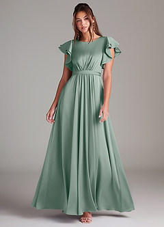 Azazie Daphne Modest Bridesmaid Dresses A-Line Ruched Stretch Satin Floor-Length Dress image1