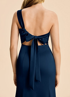 Azazie Ren Junior Dark Navy A-Line Pleated Stretch Satin Dress image6