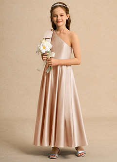 Azazie Guppy Junior Formal vestidos de niña de las flores Vestido de Rosa Inglesa de Satin Mate de Corte En A con Hombro unilateral image5