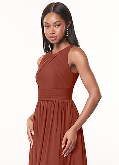 Azazie Harper Robes de demoiselle d'honneur Robe Trapèze en Mousseline de soie Plissée Auburn image5