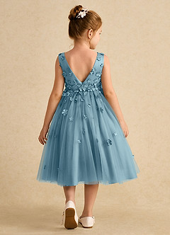 Azazie Lana Blumenmädchenkleider A-Linie ärmellos Matte Satin Kleid Stimmungsvolles Blau image2