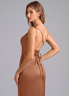 Azazie Naria Final Sale Bronzer Sheath One Shoulder Stretch Satin Dress image2