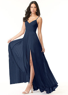 Azazie Vini Bridesmaid Dresses Dark Navy A-Line V-Neck Pleated Chiffon Dress image3