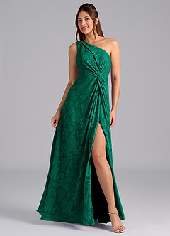 Azazie Brooke Bridesmaid Dresses Emerald A-Line One Shoulder Floral Burnout Dress image1