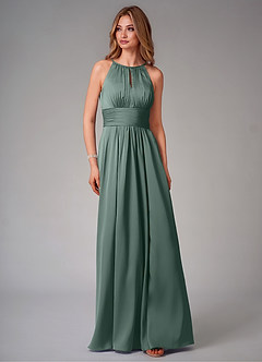 Azazie Bonnie Bridesmaid Dresses Sea Moss A-Line Pleated Stretch Satin Dress image6