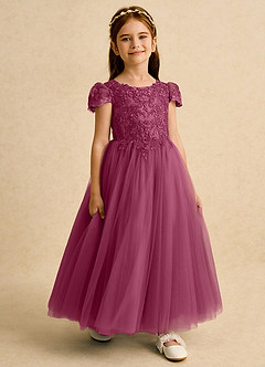 Azazie Puff Flower Girl Dresses Mulberry Ball-Gown Lace Tulle Dress image6