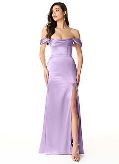 Azazie Liv Bridesmaid Dresses Lilac Sheath Off the Shoulder Metallic Satin Convertible Dress image1