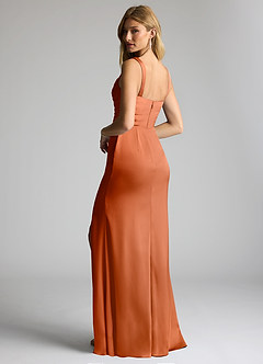 Azazie Elida Bridesmaid Dresses Copper Sheath Pleated Stretch Satin Dress image2
