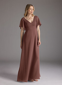 Azazie Alessa Mother of the Bride Dresses Espresso A-Line V-Neck Pleated Chiffon Dress image1