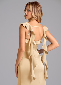 Azazie Adi Bridesmaid Dresses Gold A-Line Pleated Stretch Satin Dress image2