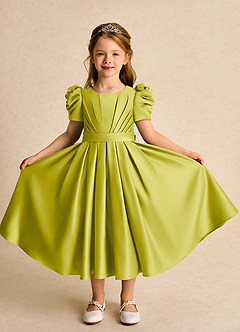 Azazie Miriam Flower Girl Dresses Lemongrass Ball-Gown Pleated Matte Satin Dress image5
