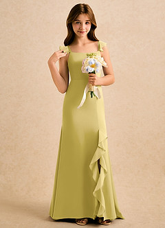 Azazie Novalie Girls Formal Flower Girl Dresses Canary Mermaid Bow Stretch Satin Dress image5