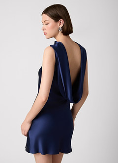 silk backless mini dress Azazie Dresses Shift Wedding Guest Semi-Formal Dresses Straight Navy V-neck there sandals and gold Size:16 Lyla Asymmetrical Satin Maxi