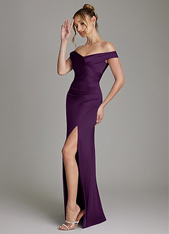 Azazie Teyana Bridesmaid Dresses Grape Sheath Off the Shoulder Stretch Satin Dress image5