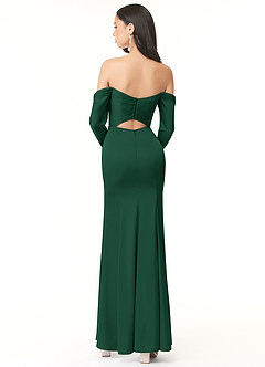 Azazie Hallie Bridesmaid Dresses Dark Green Sheath Off-The-Shoulder Long Sleeve Stretch Satin Convertible Dress image4