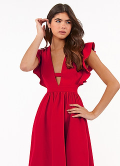 Regal Ruffles Red Satin Flutter Sleeve Midi Dress image3