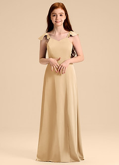 Azazie Everett Junior Vestido de Oro de Satén Elástico de Corte en A con Lazo image4