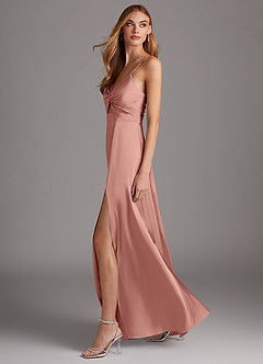 Azazie Jenna Bridesmaid Dresses Rosette A-Line Pleated Stretch Satin Dress image3