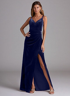 Azazie Leo Bridesmaid Dresses Dark Navy Sheath Pleated Velvet Dress image3