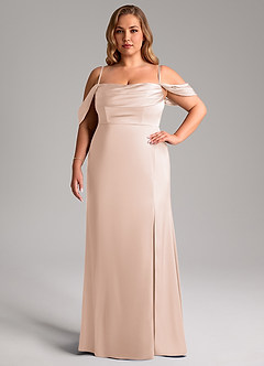 Azazie Saige Bridesmaid Dresses Blushing Pink Sheath Off the Shoulder Stretch Satin Dress image15