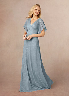 Azazie Kathryn Mother of the Bride Dresses Dusty Blue A-Line V-Neck Flutter Sleeve Metallic Mesh Dress image2