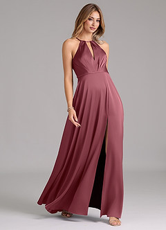 Azazie Evalleen Robes de demoiselle d'honneur Robe Trapèze en Satin extensible Plissée Rose Du Désert image5