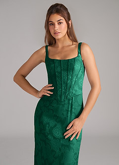 Azazie Kenna Bridesmaid Dresses Emerald Sheath Side Slit Floral Burnout Dress image6