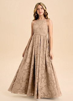 Azazie Arianthe Junior Abito A-Line in Floral Burnout Plissettato Champagne image4