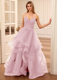 Zinnia Pink A-line Floral V-neck Tulle Tier Prom Dress image6