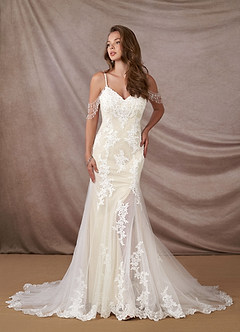 Azazie Saskia Abiti da Sposa Abito Sirena in Tulle Lustrini Bianco Diamante Champagne image5
