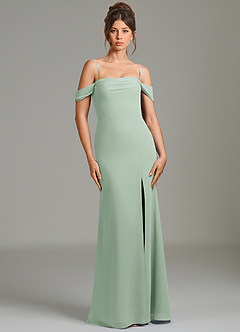 Azazie Charmaine At-home Try On Dresses Agave A-Line Off the Shoulder Chiffon Dress image7