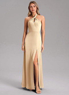 Azazie Tracie Bridesmaid Dresses Champagne A-Line Side Slit Stretch Satin Dress image5