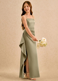 Azazie Cannoli Girls Formal vestidos de niña de las flores Vestido de Musgo Verde de Satén Elástico de Corte en A con Plisado image4