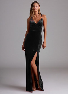 Azazie Becca Bridesmaid Dresses Black Sheath Velvet Dress image1