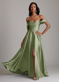 Azazie Loisa Vestidos de madrinha de casamento Vestido Pistache de Cetim elástico de Linha A com Ombros Caídos image1