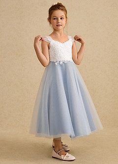 Azazie Momo Flower Girl Dresses Ivory Steel Blue A-Line Lace Dress image5