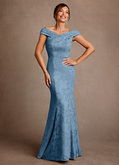 Azazie Aberdeen Mother of the Bride Dresses Steel Blue Sheath Pleated Floral Burnout Dress image1