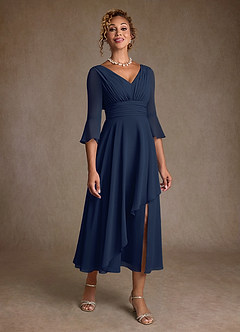 Azazie Aerynne Mother of the Bride Dresses Dark Navy A-Line Pleated Chiffon Dress image1