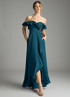Azazie Lyra Bridesmaid Dresses Ink Blue A-Line Off the Shoulder Stretch Satin Convertible Dress image6