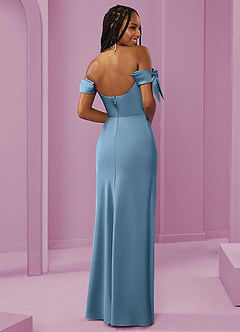 Barbie ♥ Azazie Bridesmaid Dresses Steel Blue Sheath Off the Shoulder Stretch Satin Convertible Dress image7