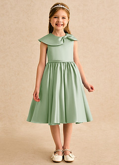 Azazie Acorn Robe Demoiselle D'honneur Fillette Robe Trapèze en Mat Satiné Plissée Vert Sauge image3