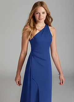 Azazie Maron Junior Royal Blue A-Line Pleated Stretch Satin Dress image3