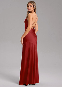 Azazie Grata Bridesmaid Dresses Pomegranate Sheath Side Slit Stretch Satin Dress image7